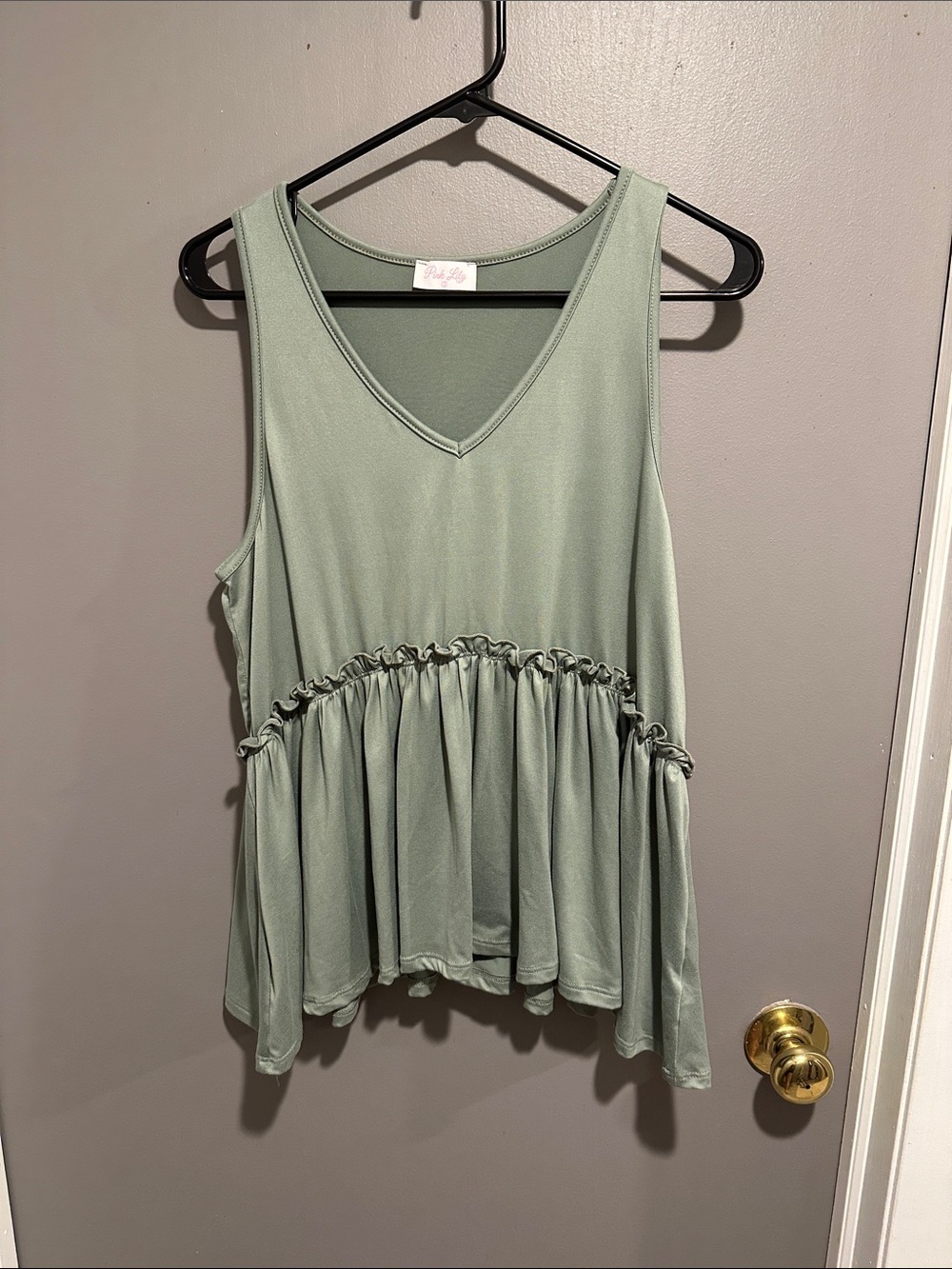 Pink Lily Sage Green Ruffle Peplum Tank Top